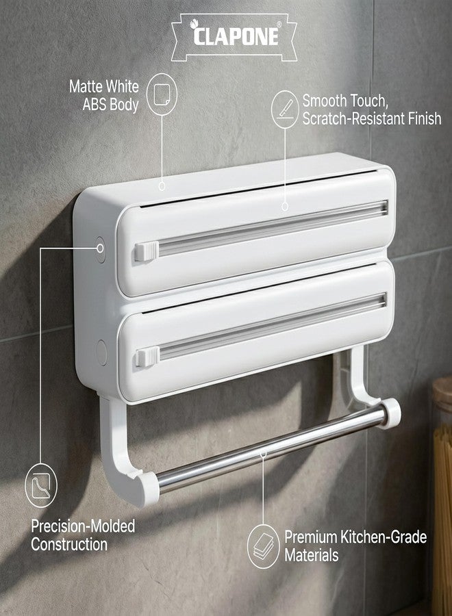 CLAPONE Wrap Organizer with Cutter Plastic Wrap Dispenser 3 in 1 Compatible with Cling Film Paper Towel Holder/Tin Foil and Roti Paper Cutter/Aluminum Foil/Butter/Roti Wrap/Food Roll-White - Image 5